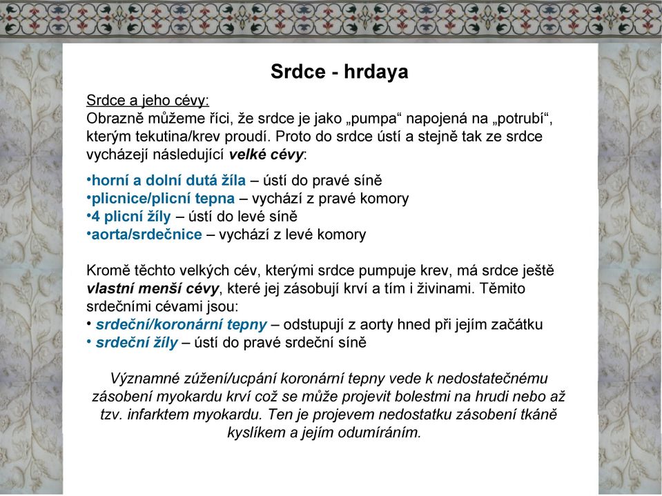 aorta/srdečnice vychází zlevé komory Kromě těchto velkých cév, kterými srdce pumpuje krev, má srdce ještě vlastní menší cévy, které jej zásobují krví a tím i živinami.