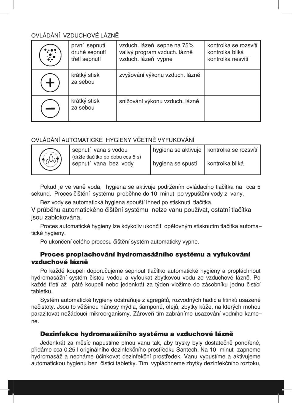 se aktivuje podržením ovládacího tlačítka na cca 5 sekund. Proces čištění systému proběhne do 10 minut po vypuštění vody z vany. Bez vody se automatická hygiena spouští ihned po stisknutí tlačítka.