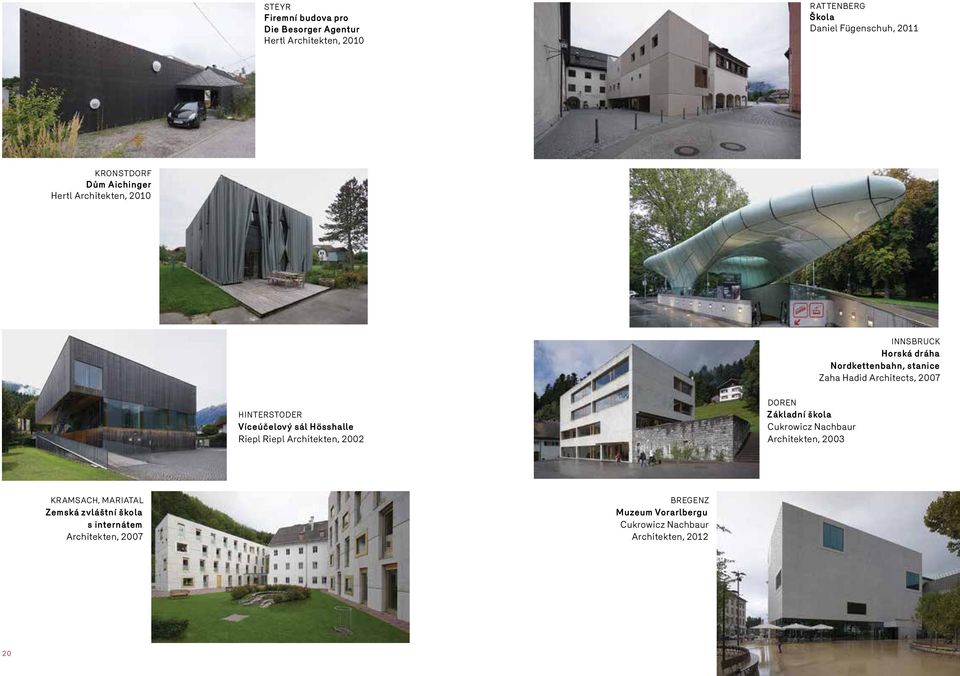 Víceúčelový sál Hösshalle Riepl Riepl Architekten, 2002 Doren Základní škola Cukrowicz Nachbaur Architekten, 2003 Kramsach,