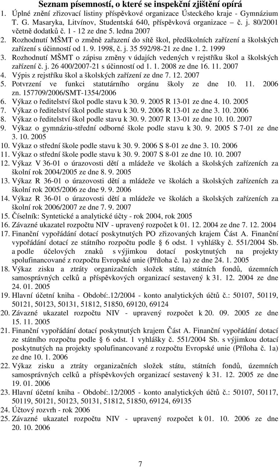 35 592/98-21 ze dne 1. 2. 1999 3. Rozhodnutí MŠMT o zápisu změny v údajích vedených v rejstříku škol a školských zařízení č. j. 26 400/2007-21 s účinností od 1. 1. 2008 ze dne 16. 11. 2007 4.