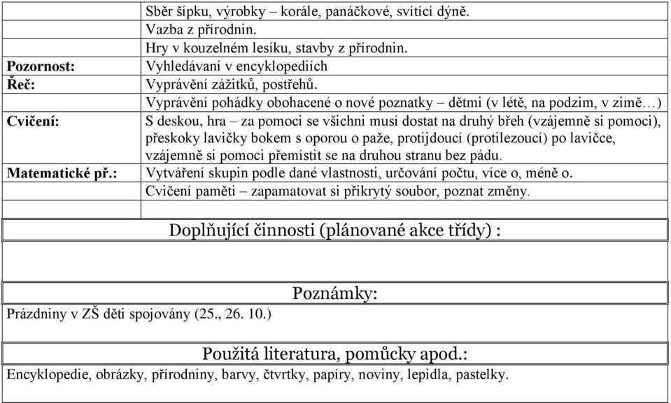 Vyprávění pohádky obohacené o nové poznatky dětmi (v létě, na podzim, v zimě ) S deskou, hra za pomoci se všichni musí dostat na druhý břeh (vzájemně si pomoci), přeskoky lavičky bokem s oporou