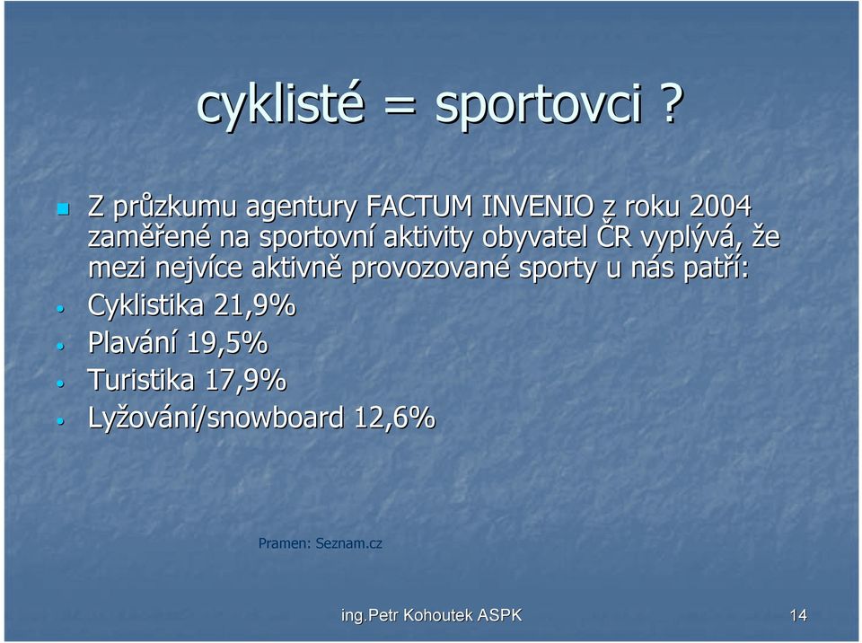 aktivity obyvatel ČR R vyplývá, že mezi nejvíce aktivně provozované sporty