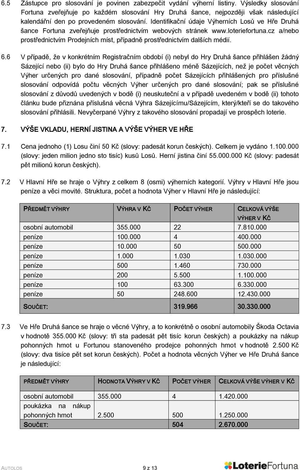 Identifikační údaje Výherních Losů ve Hře Druhá šance Fortuna zveřejňuje prostřednictvím webových stránek www.loteriefortuna.