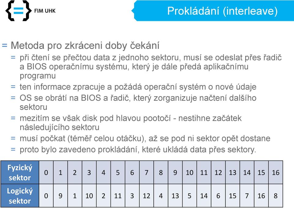 sektoru = mezitím se však disk pod hlavou pootočí - nestihne začátek následujícího sektoru = musí počkat (téměř celou otáčku), až se pod ni sektor opět dostane =