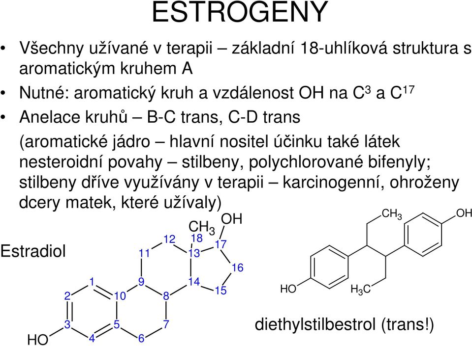 nesteroidní povahy stilbeny, polychlorované bifenyly; stilbeny dříve využívány v terapii karcinogenní, ohroženy