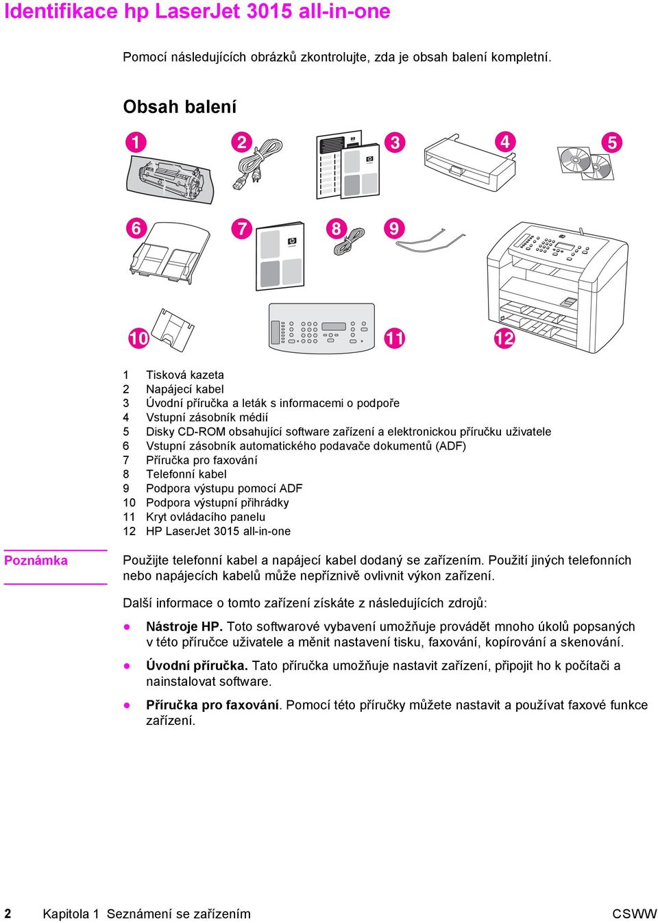 uživatele 6 Vstupní zásobník automatického podavače dokumentů (ADF) 7 Příručka pro faxování 8 Telefonní kabel 9 Podpora výstupu pomocí ADF 10 Podpora výstupní přihrádky 11 Kryt ovládacího panelu 12