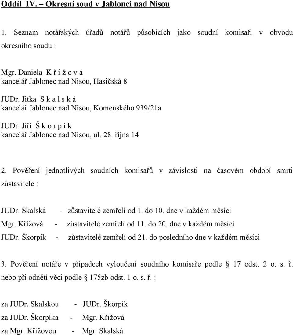 října 14 JUDr. Skalská - zůstavitelé zemřelí od 1. do 10. dne v každém měsíci Mgr. Křížová - zůstavitelé zemřelí od 11. do 20.