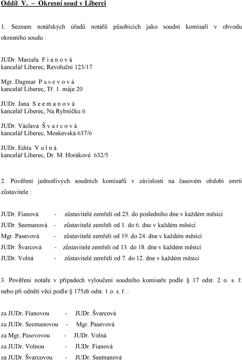 Fianová - zůstavitelé zemřelí od 25. do posledního dne v každém měsíci JUDr. Seemanová - zůstavitelé zemřelí od 1. do 6. dne v každém měsíci Mgr. Pasevová - zůstavitelé zemřelí od 19. do 24.