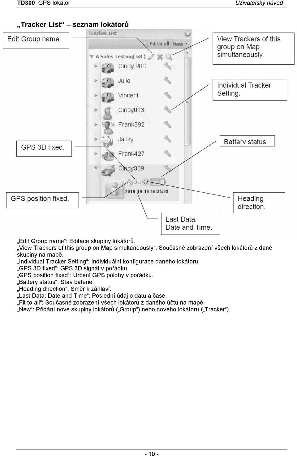 Individual Tracker Setting : Individuální konfigurace daného lokátoru. GPS 3D fixed : GPS 3D signál v pořádku.
