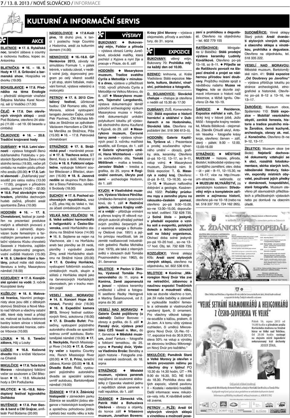 00 od 19. 00 beseda u cimbálu) ČEJKOVICE: u 18. 20.8. Tradiční krojované hody DUBŇANY: u 16.8. Letní slavnosti - výstava fotografií členů dubňanského Fotoklubu v prostorách Sportcentra Želva v hale stolního tenisu (19.