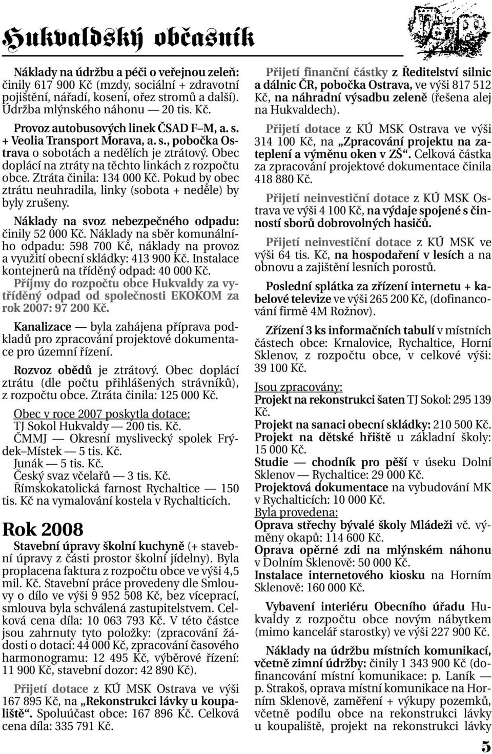 Pokud by obec ztrátu neuhradila, linky (sobota + neděle) by byly zrušeny. Náklady na svoz nebezpečného odpadu: činily 52 000 Kč.