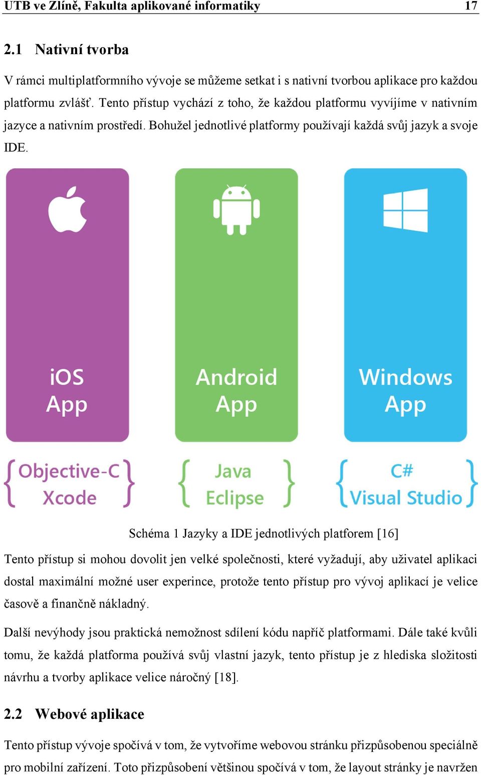 Schéma 1 Jazyky a IDE jednotlivých platforem [16] Tento přístup si mohou dovolit jen velké společnosti, které vyžadují, aby uživatel aplikaci dostal maximální možné user experince, protože tento