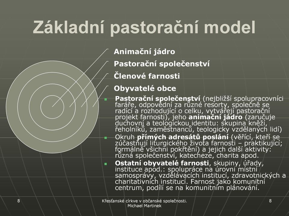 Okruh přímých adresátů poslání (věřící, kteří se zúčastňují liturgického života farnosti praktikující; formálně všichni pokřtění) a jejich další aktivity: různá společenství, katecheze, charita apod.