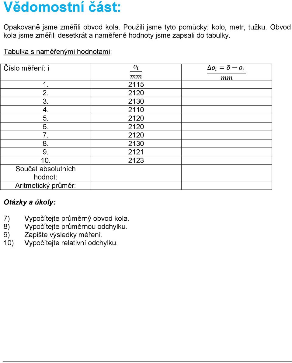 Tabulka s naměřenými hodnotami: Číslo měření: i 1. 2115 2. 2120 3. 2130 4. 2110 5. 2120 6. 2120 7. 2120 8. 2130 9. 2121 10.