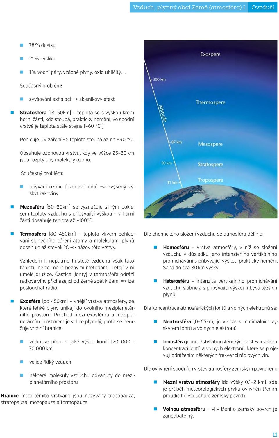 Pohlcuje UV záření > teplota stoupá až na +90 C. Obsahuje ozonovou vrstvu, kdy ve výšce 25 30 km jsou rozptýleny molekuly ozonu.
