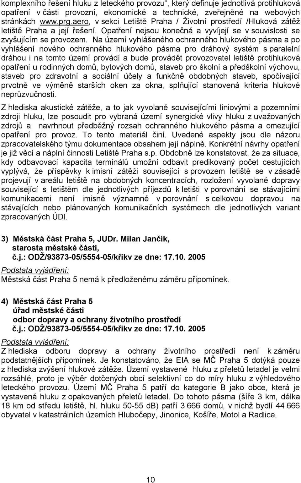 Na území vyhlášeného ochranného hlukového pásma a po vyhlášení nového ochranného hlukového pásma pro dráhový systém s paralelní dráhou i na tomto území provádí a bude provádět provozovatel letiště