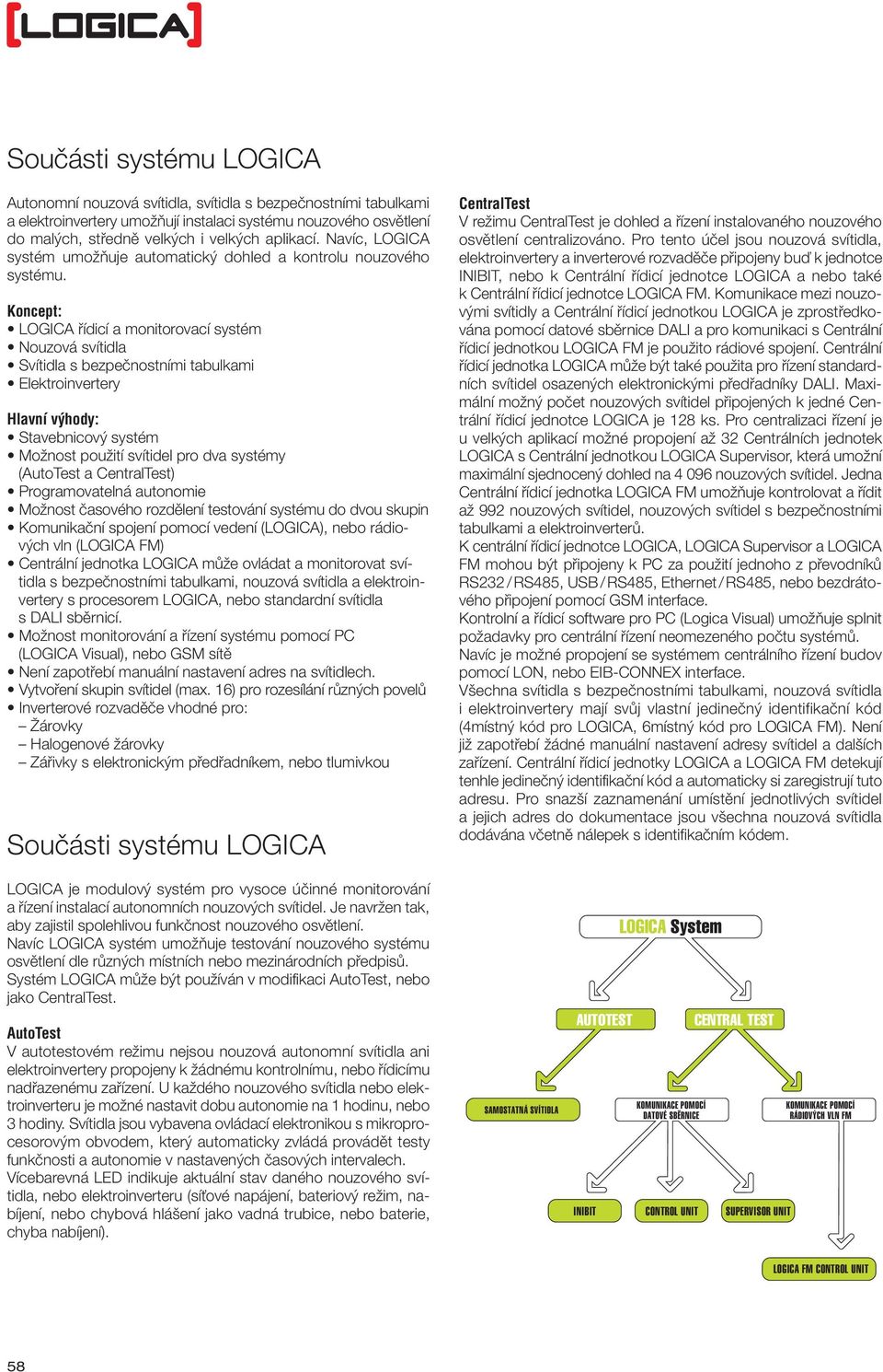 Koncept: LOGICA řídicí a monitorovací systém Nouzová svítidla Svítidla s bezpečnostními tabulkami Elektroinvertery Hlavní výhody: Stavebnicový systém Možnost použití svítidel pro dva systémy