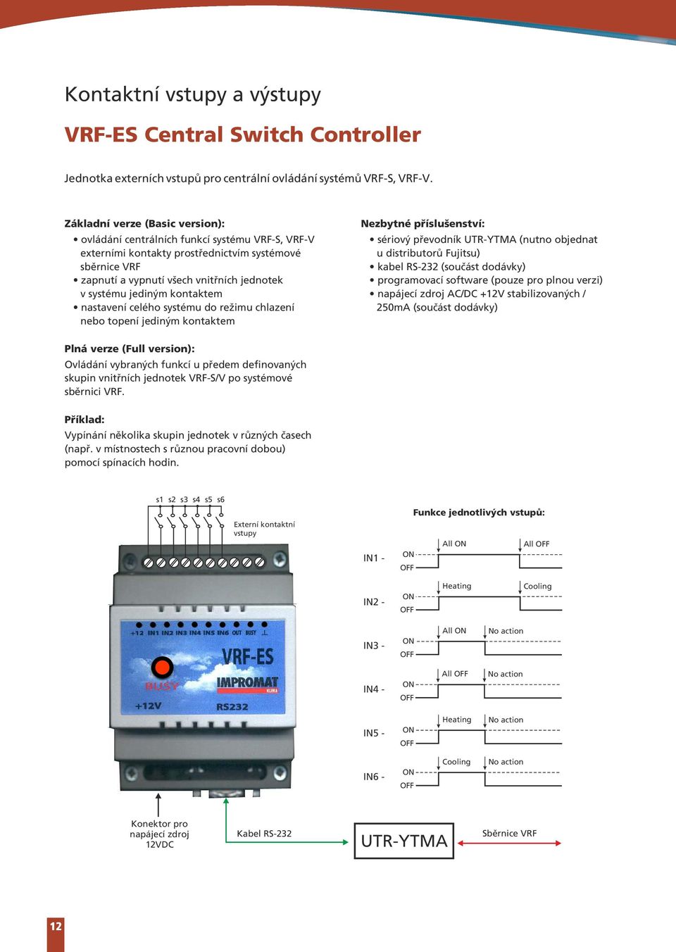 kontaktem nastavení celého systému do režimu chlazení nebo topení jediným kontaktem ezbytné příslušenství sériový převodník UTR-YTMA (nutno objednat u distributorů Fujitsu) kabel RS-232 (součást