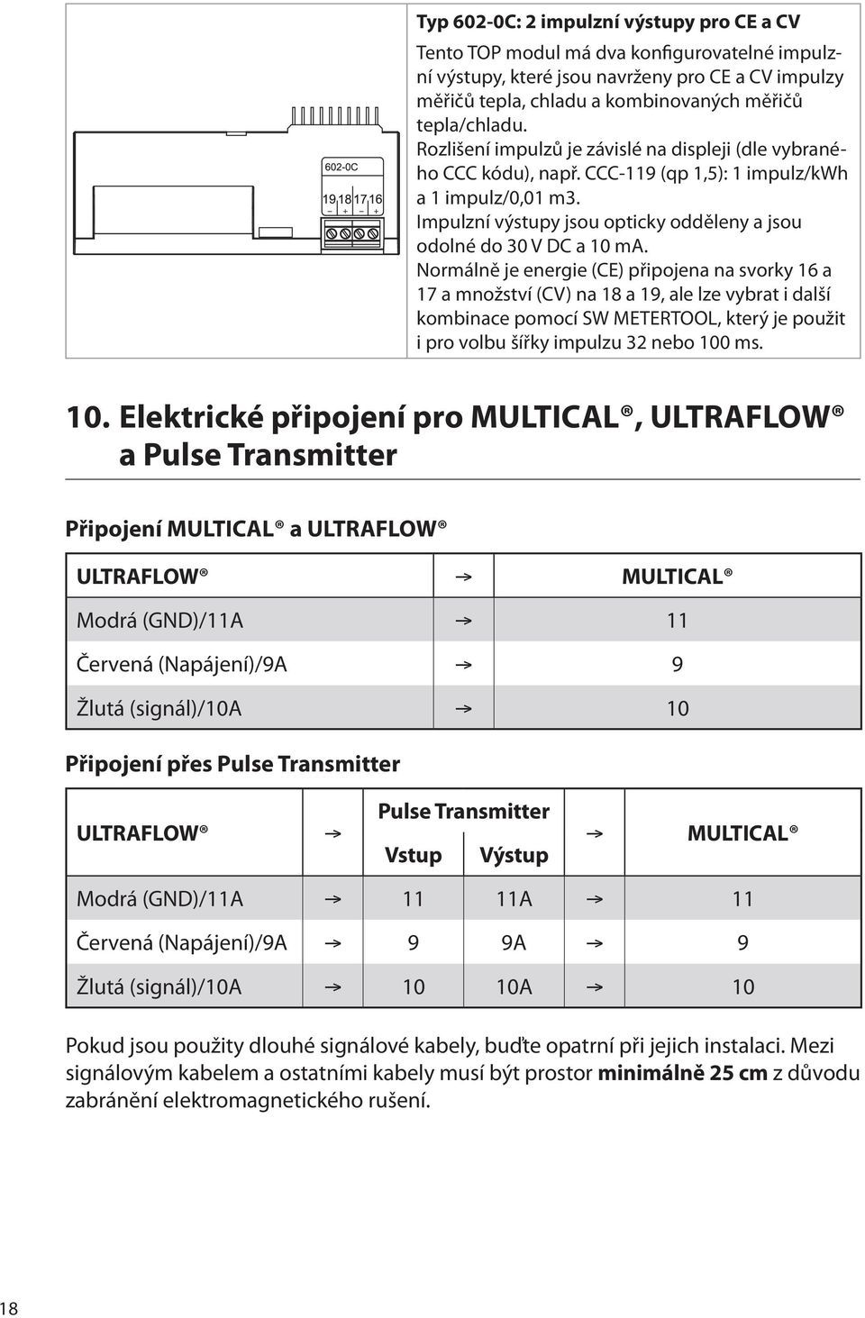 Normálně je energie (CE) připojena na svorky 16 a 17 a množství (CV) na 18 a 19, ale lze vybrat i další kombinace pomocí SW METERTOOL, který je použit i pro volbu šířky impulzu 32 nebo 100