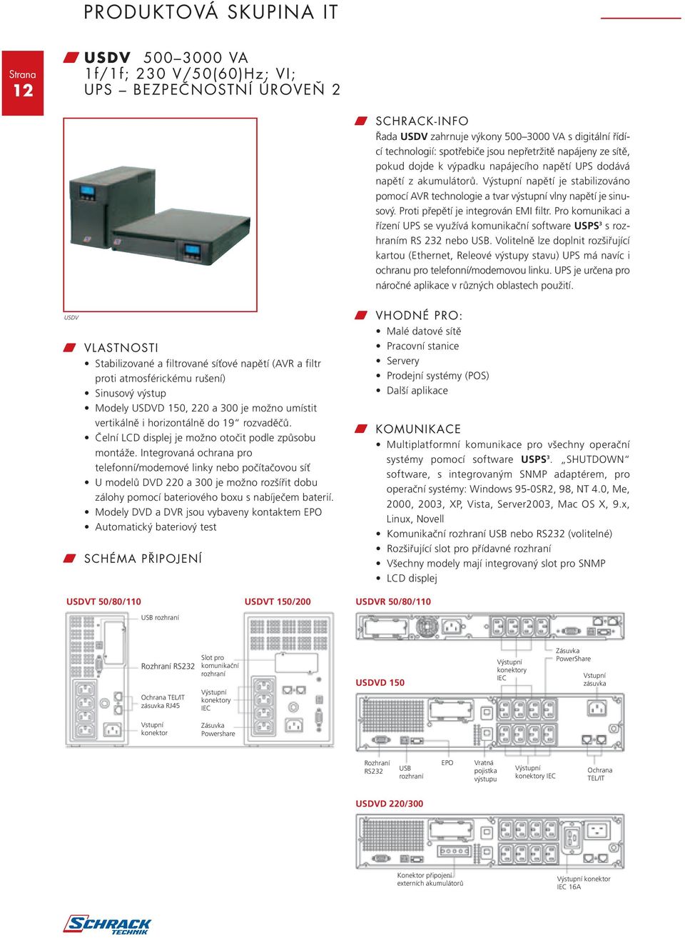Proti přepětí je integrován EMI filtr. Pro komunikaci a řízení UPS se využívá komunikační software USPS 3 s rozhraním RS 232 nebo USB.