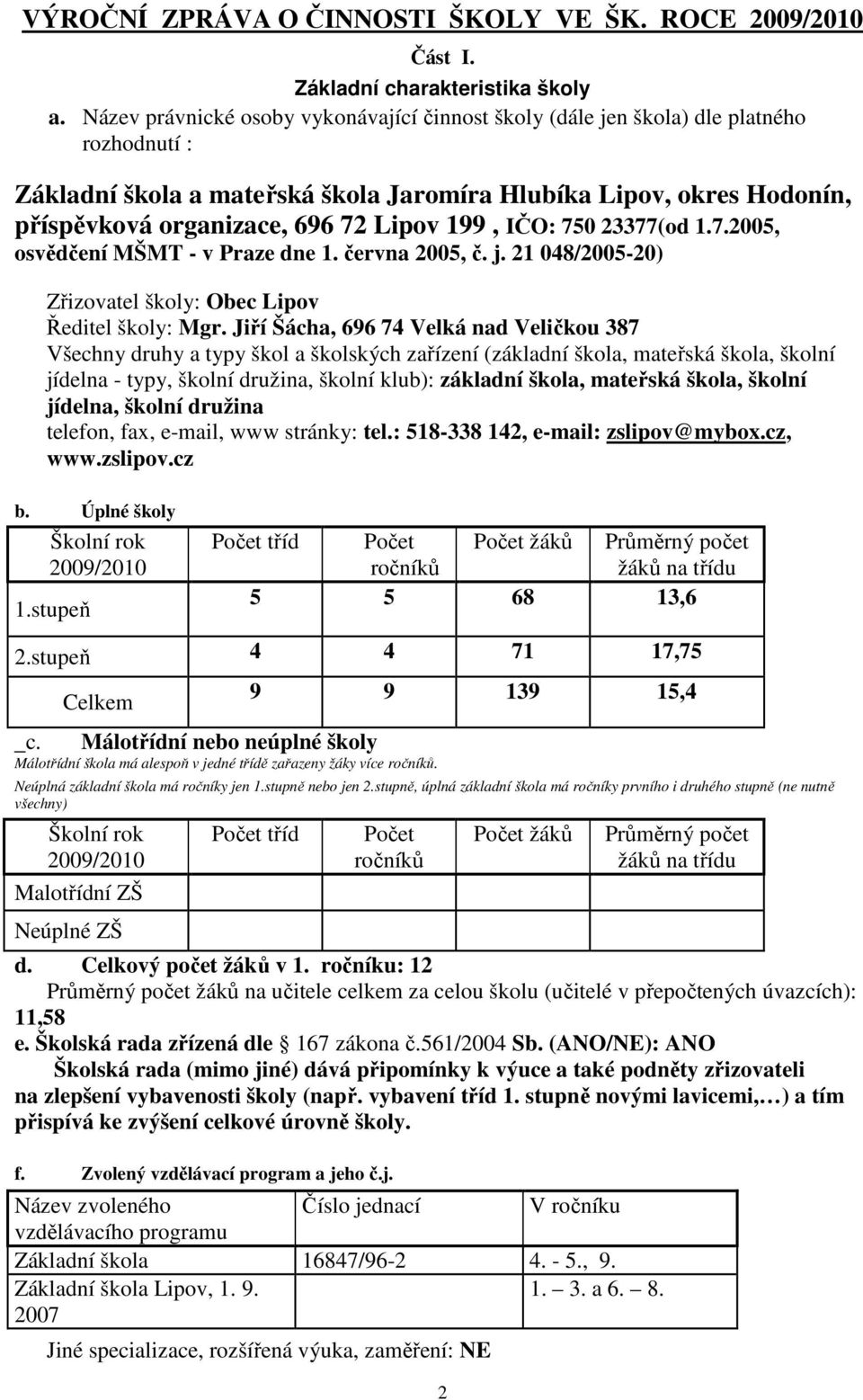 199, IČO: 750 23377(od 1.7.2005, osvědčení MŠMT - v Praze dne 1. června 2005, č. j. 21 048/2005-20) Zřizovatel školy: Obec Lipov Ředitel školy: Mgr.