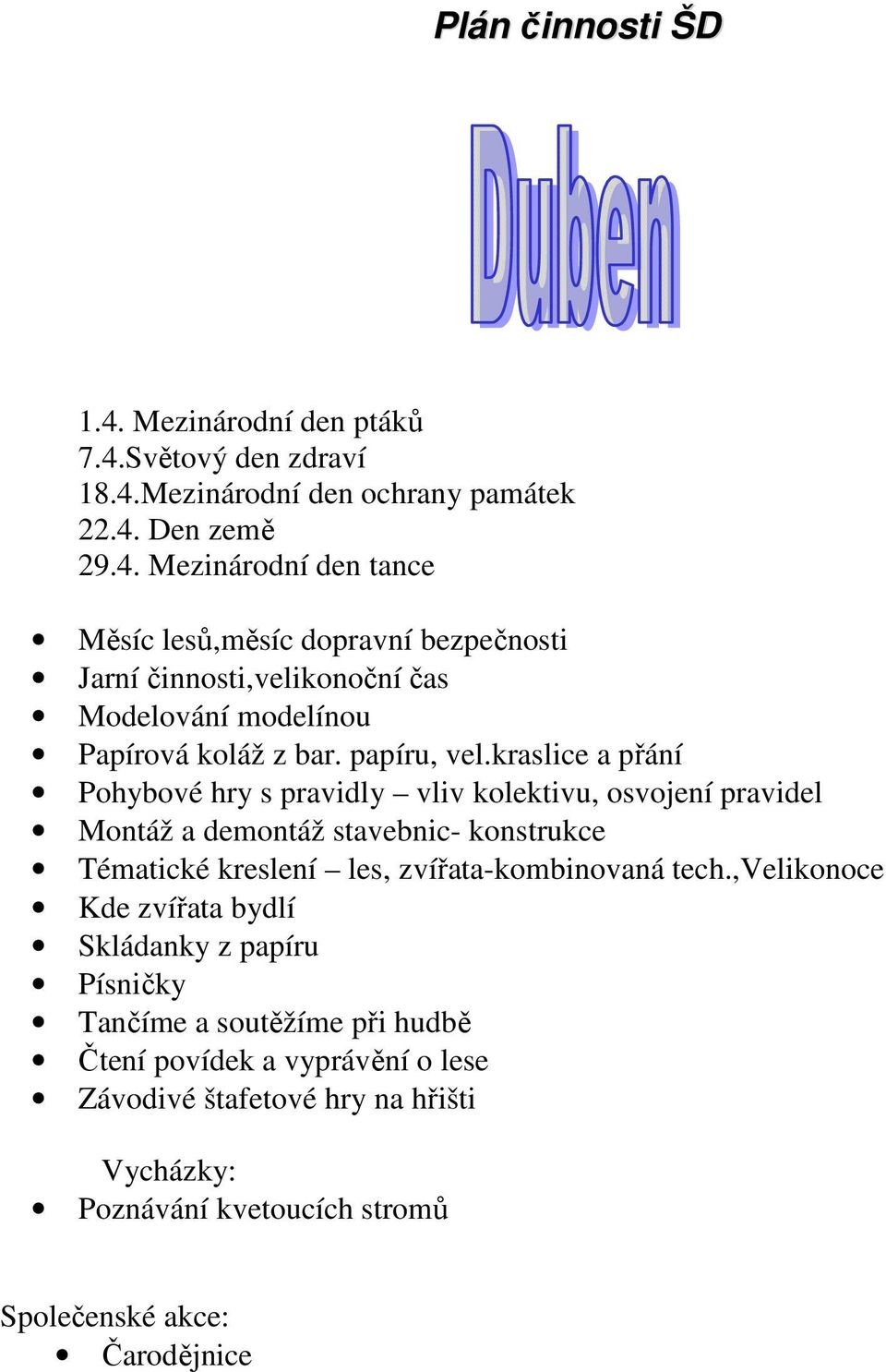 kraslice a přání Pohybové hry s pravidly vliv kolektivu, osvojení pravidel Montáž a demontáž stavebnic- konstrukce Tématické kreslení les,