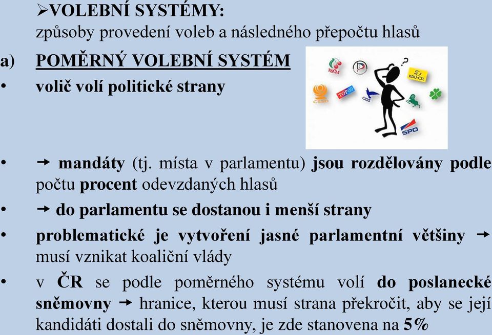 místa v parlamentu) jsou rozdělovány podle počtu procent odevzdaných hlasů do parlamentu se dostanou i menší strany