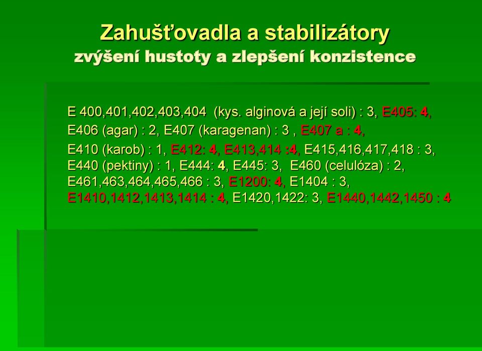 1, E412: 4, E413,414 :4, E415,416,417,418 : 3, E440 (pektiny) : 1, E444: 4, E445: 3, E460 (celulóza) :