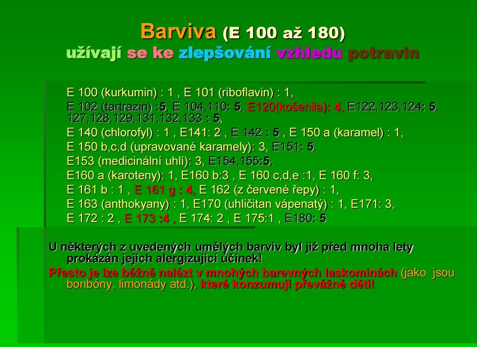 (karoteny): 1, E160 b:3, E 160 c,d,e :1, E 160 f: 3, E 161 b : 1, E 161 g : 4, E 162 (z červené řepy) : 1, E 163 (anthokyany) : 1, E170 (uhličitan vápenatý) : 1, E171: 3, E 172 : 2, E 173 :4, E 174: