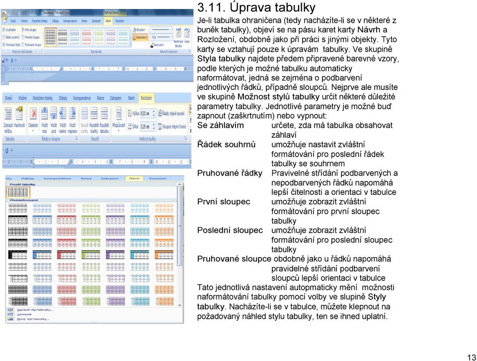 Ve skupině Styla tabulky najdete předem připravené barevné vzory, podle kterých je možné tabulku automaticky naformátovat, jedná se zejména o podbarvení jednotlivých řádků, případně sloupců.