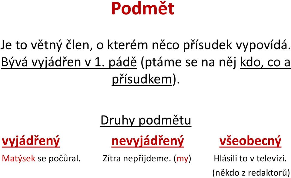 Druhy podmětu vyjádřený nevyjádřený všeobecný Matýsek se