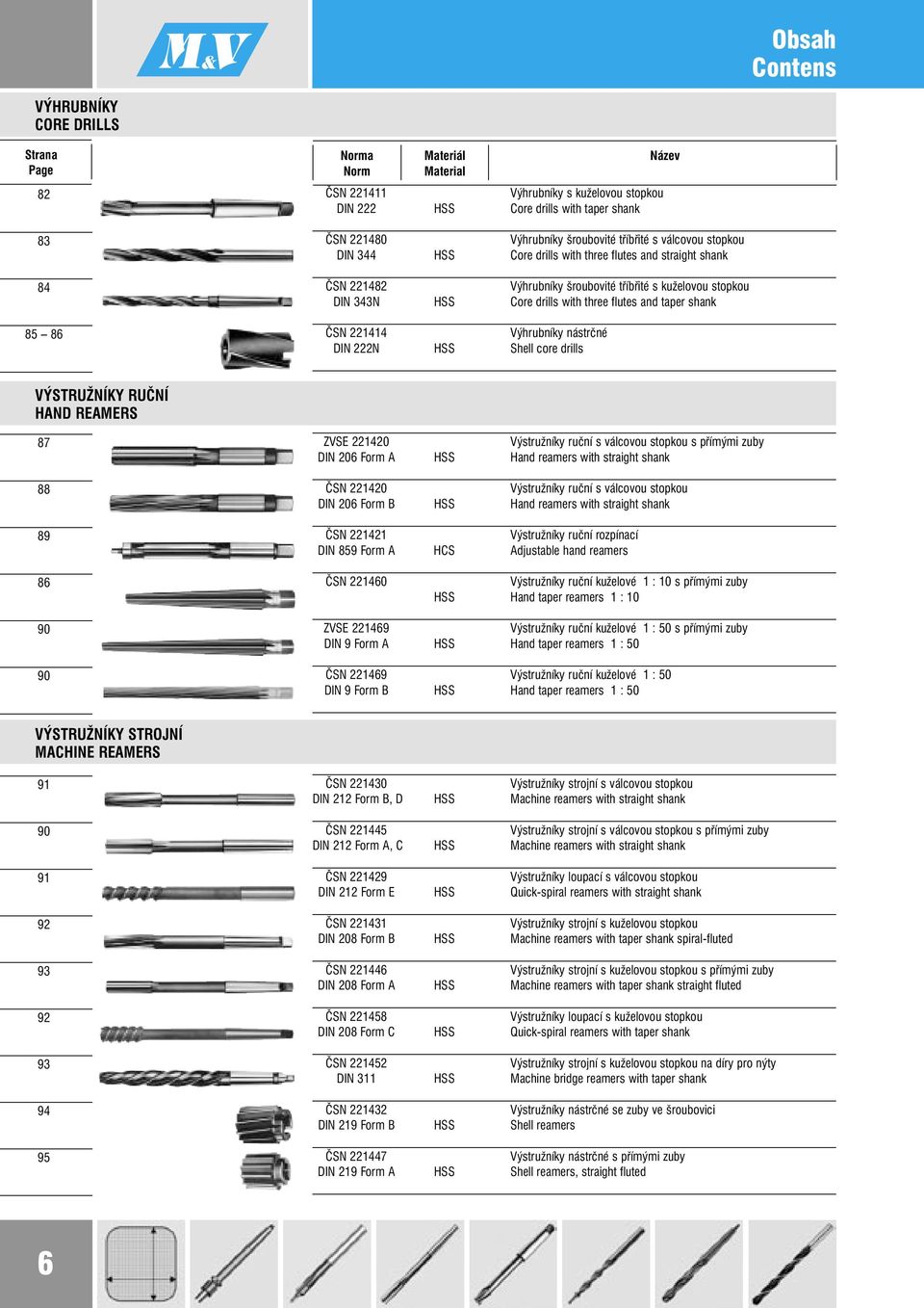 taper shank ČSN 221414 ýhrubníky nástrčné DIN 222N Shell core drills ÝSTRUŽNÍKY RUČNÍ HAND REAMERS 87 88 89 ZSE 221420 ýstružníky ruční s válcovou stopkou s přímými zuby DIN 206 orm A Hand reamers