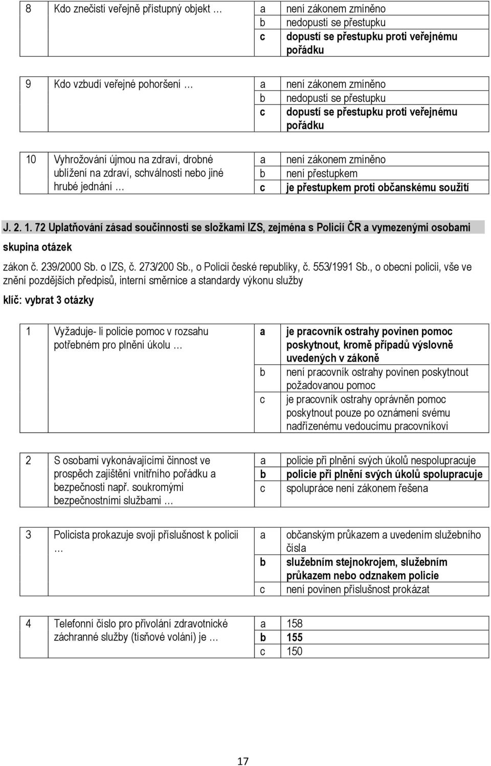 očnskému soužití J. 2. 1. 72 Upltňování zásd součinnosti se složkmi IZS, zejmén s Poliií ČR vymezenými osomi skupin otázek zákon č. 239/2000 S. o IZS, č. 273/200 S., o Poliii české repuliky, č.