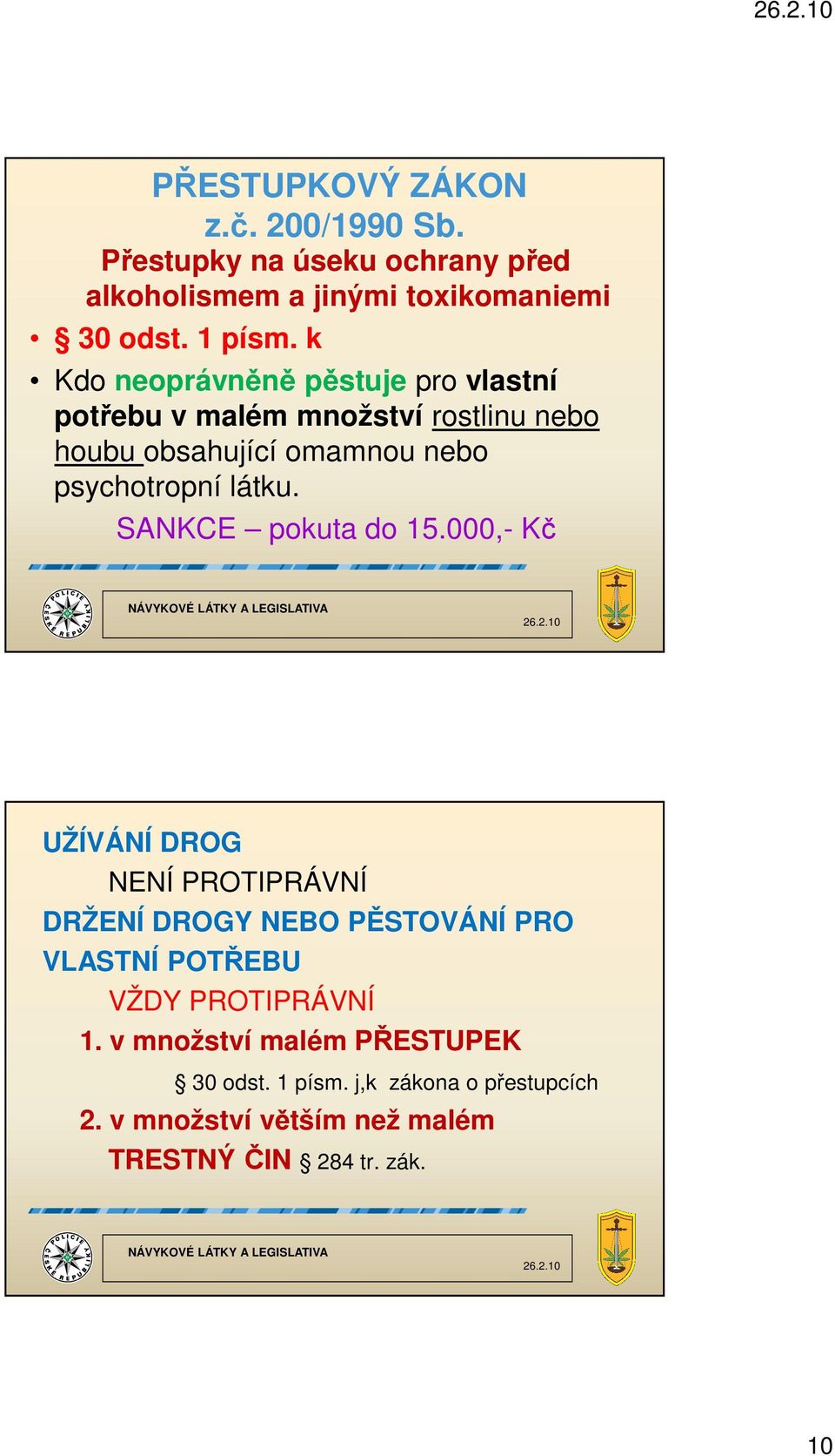 SANKCE pokuta do 15.000,- Kč UŽÍVÁNÍ DROG NENÍ PROTIPRÁVNÍ DRŽENÍ DROGY NEBO PĚSTOVÁNÍ PRO VLASTNÍ POTŘEBU VŽDY PROTIPRÁVNÍ 1.