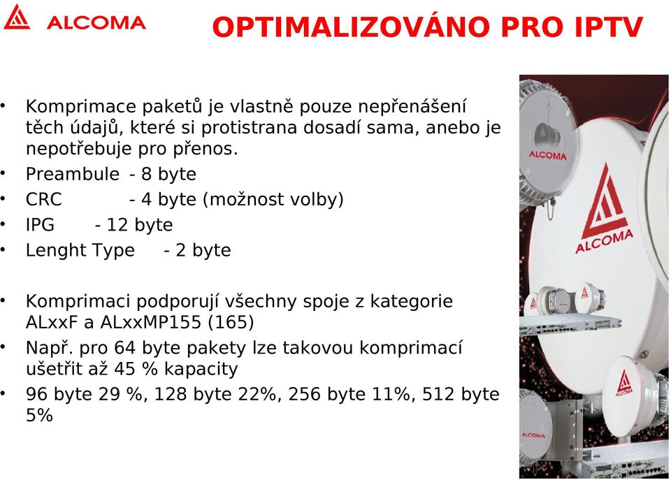 Preambule - 8 byte CRC - 4 byte (možnost volby) IPG - 12 byte Lenght Type - 2 byte Komprimaci podporují