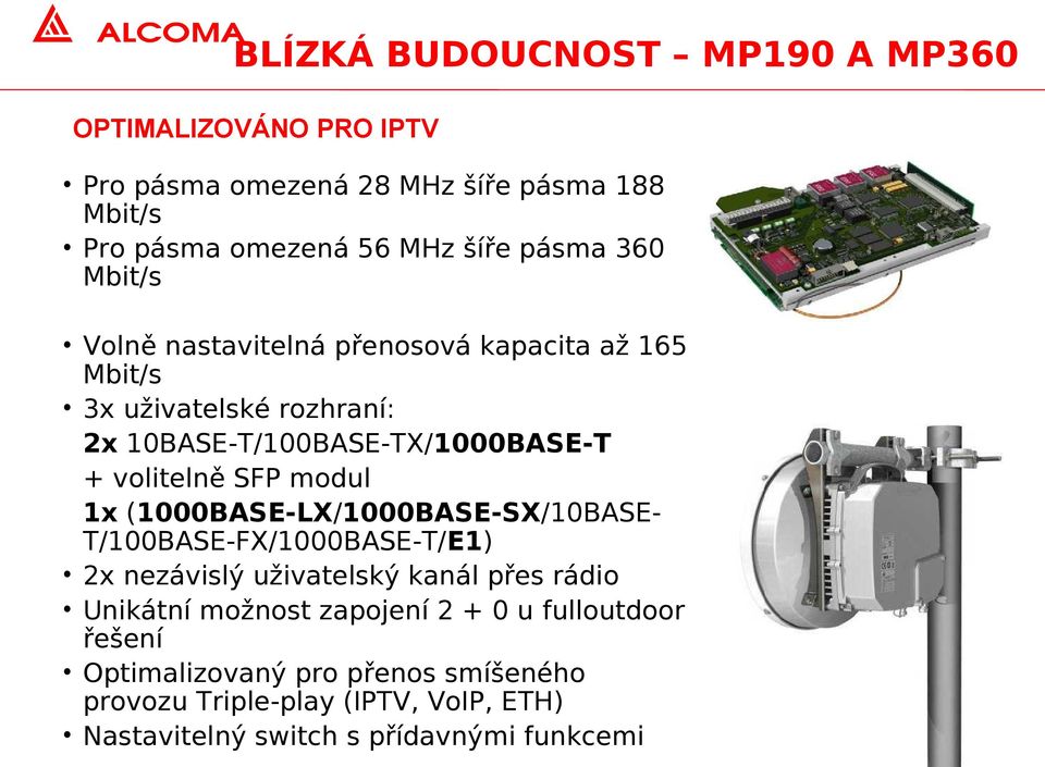 modul 1x (1000BASE-LX/1000BASE-SX/10BASE- T/100BASE-FX/1000BASE-T/E1) 2x nezávislý uživatelský kanál přes rádio Unikátní možnost zapojení 2