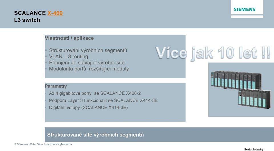 Parametry Až 4 gigabitové porty se SCALANCE X408-2 Podpora Layer 3 funkcionalit se