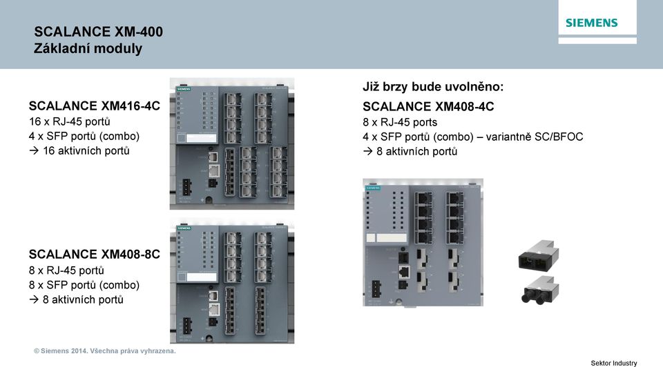 8 x RJ-45 ports 4 x SFP portů (combo) variantně SC/BFOC 8 aktivních portů