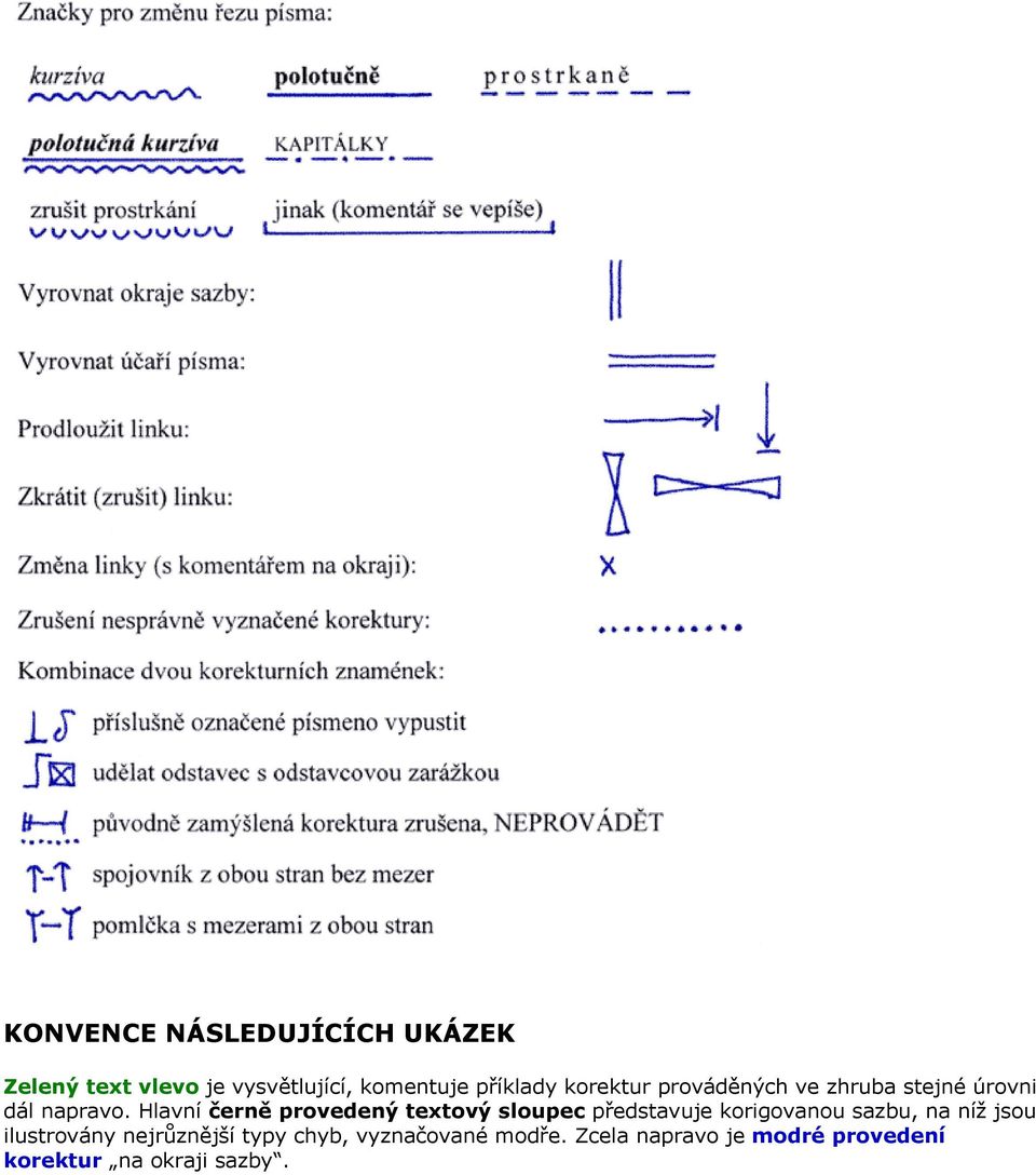 Hlavní černě provedený textový sloupec představuje korigovanou sazbu, na níž jsou