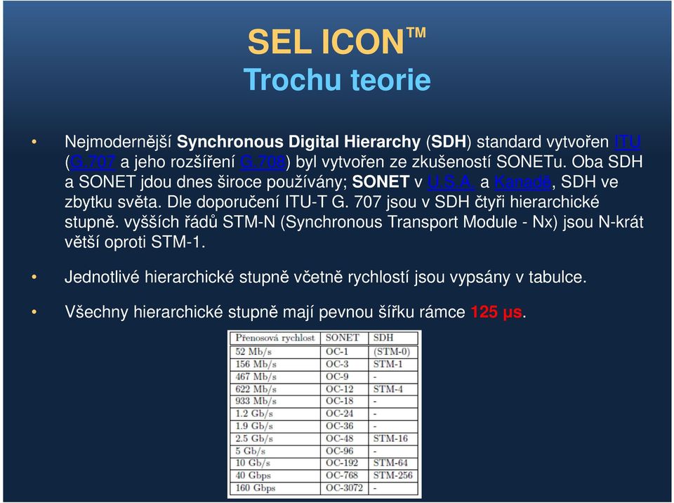 Dle doporučení ITU-T G. 707 jsou v SDH čtyři hierarchické stupně.