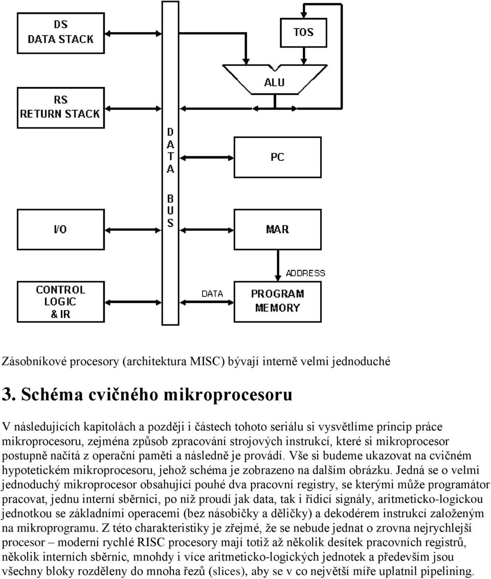 mikroprocesor postupně načítá z operační paměti a následně je provádí. Vše si budeme ukazovat na cvičném hypotetickém mikroprocesoru, jehož schéma je zobrazeno na dalším obrázku.