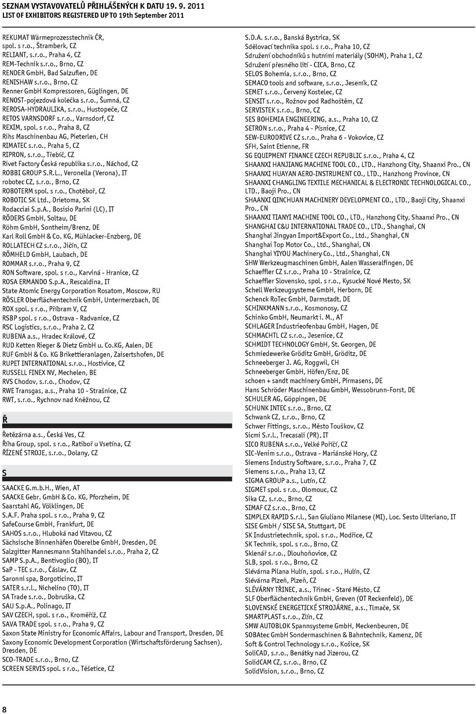 r.o., Třebíč, CZ Rivet Factory Česká republika s.r.o., Náchod, CZ ROBBI GROUP S.R.L., Veronella (Verona), IT robotec CZ, s.r.o., Brno, CZ ROBOTERM spol. s r.o., Chotěboř, CZ ROBOTIC SK Ltd.