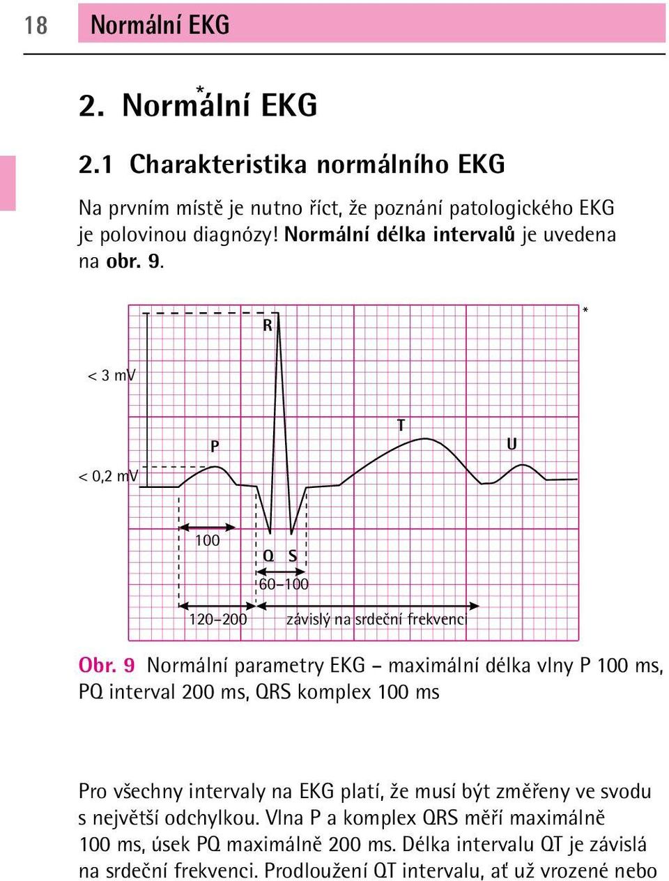 9 Normální parametry EKG maximální délka vlny P 100 ms, PQ interval 200 ms, QRS komplex 100 ms Pro všechny intervaly na EKG platí, že musí být změřeny ve