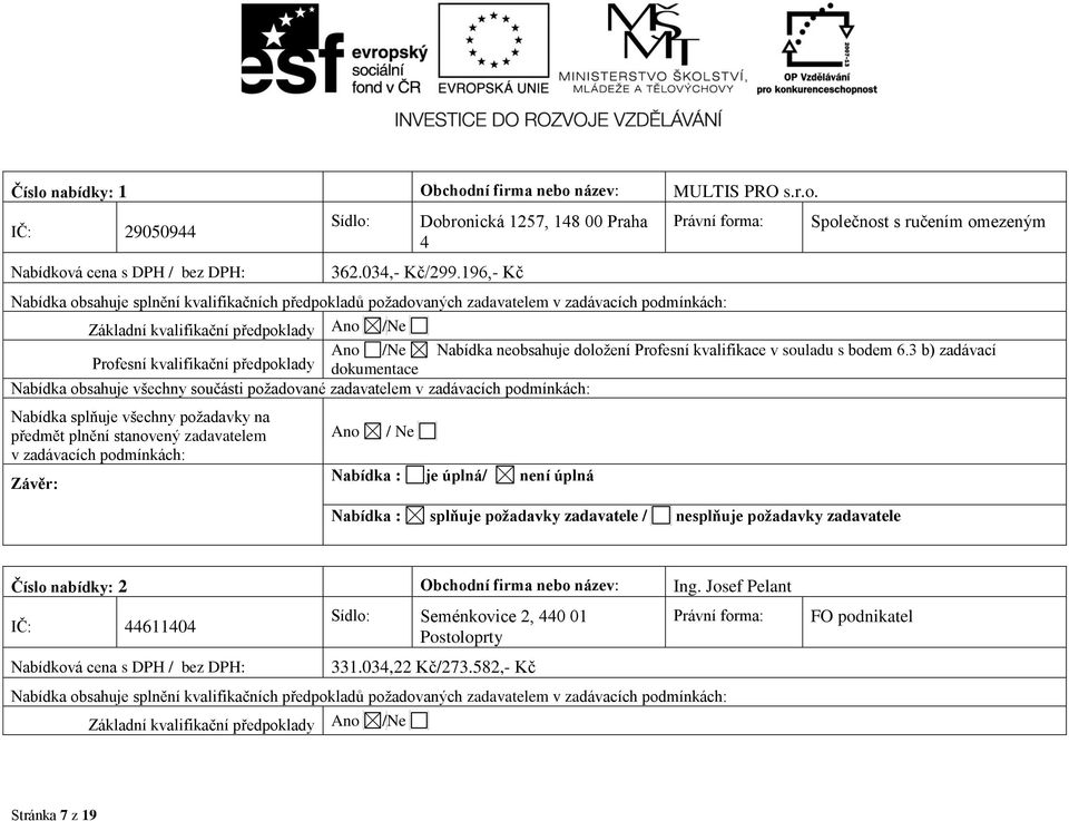 Ano /Ne Nabídka neobsahuje doložení Profesní kvalifikace v souladu s bodem 6.