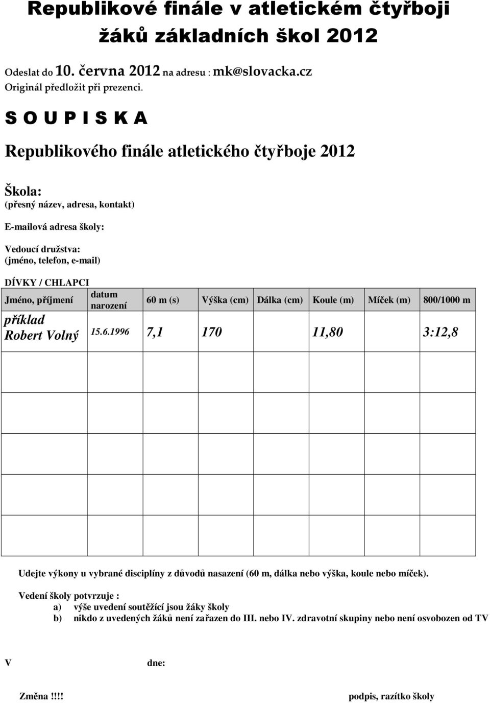 příjmení datum narození 60 m (s) Výška (cm) Dálka (cm) Koule (m) Míček (m) 800/1000 m příklad Robert Volný 15.6.1996 7,1 170 11,80 3:12,8 Udejte výkony u vybrané disciplíny z důvodů nasazení (60 m, dálka nebo výška, koule nebo míček).