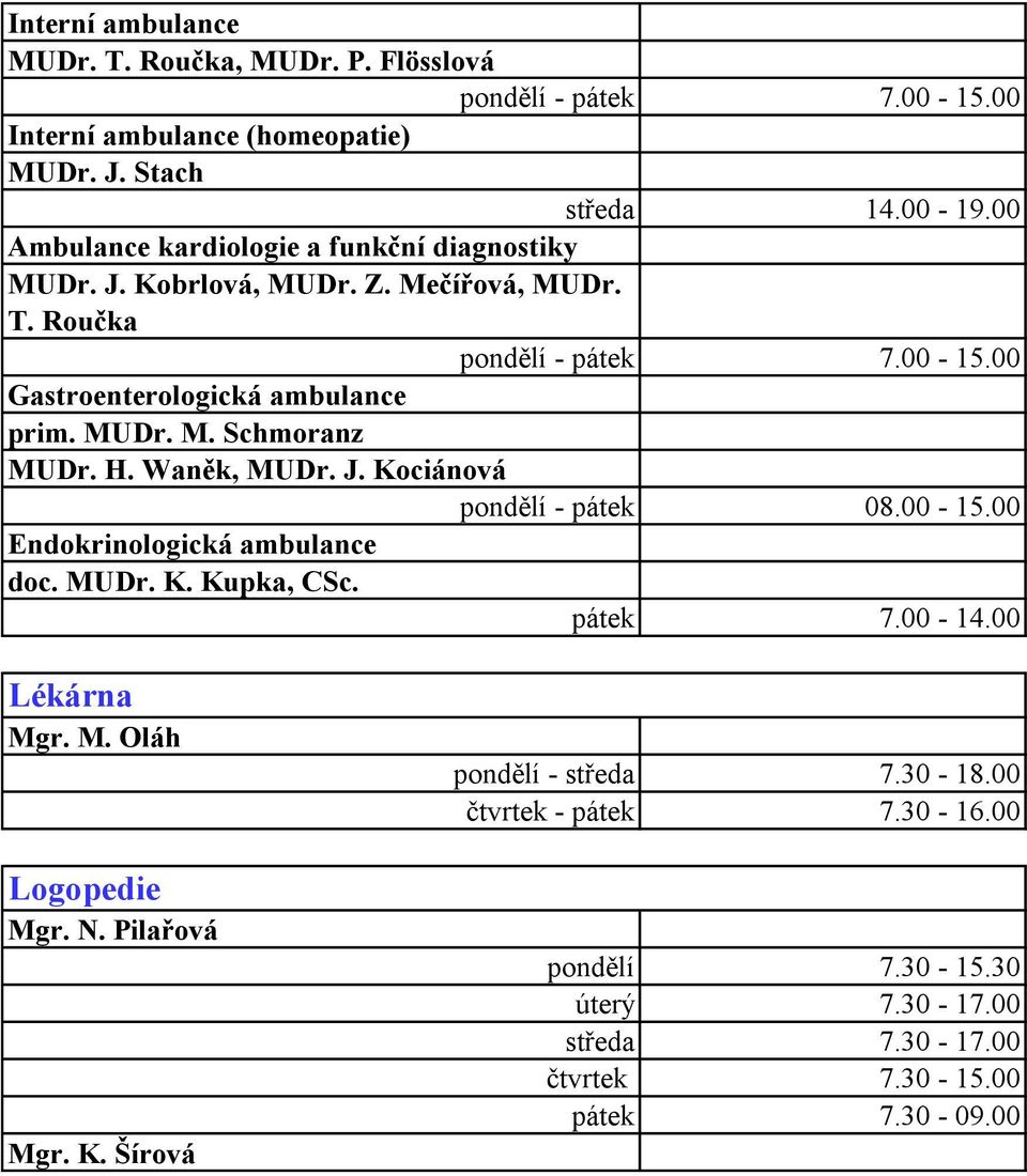 MUDr. M. Schmoranz MUDr. H. Waněk, MUDr. J. Kociánová pondělí - pátek 08.00-15.00 Endokrinologická ambulance doc. MUDr. K. Kupka, CSc. pátek 7.00-14.00 Lékárna Mgr. M. Oláh Logopedie Mgr.