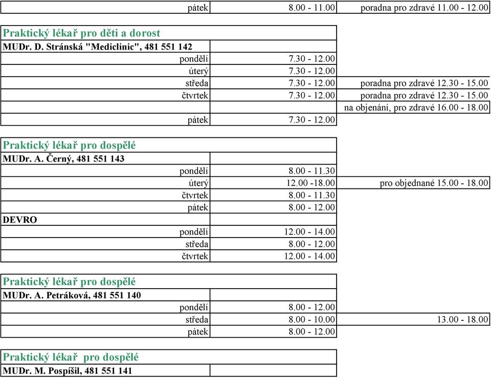 Černý, 481 551 143 DEVRO Praktický lékař pro dospělé MUDr. A. Petráková, 481 551 140 pondělí 8.00-11.30 úterý 12.00-18.00 pro objednané 15.00-18.00 čtvrtek 8.00-11.30 pátek 8.