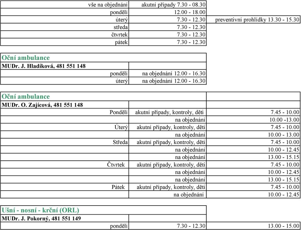 45-10.00 na objednání 10.00-13.00 Úterý akutní případy, kontroly, děti 7.45-10.00 na objednání 10.00-13.00 Středa akutní případy, kontroly, děti 7.45-10.00 na objednání 10.00-12.45 na objednání 13.
