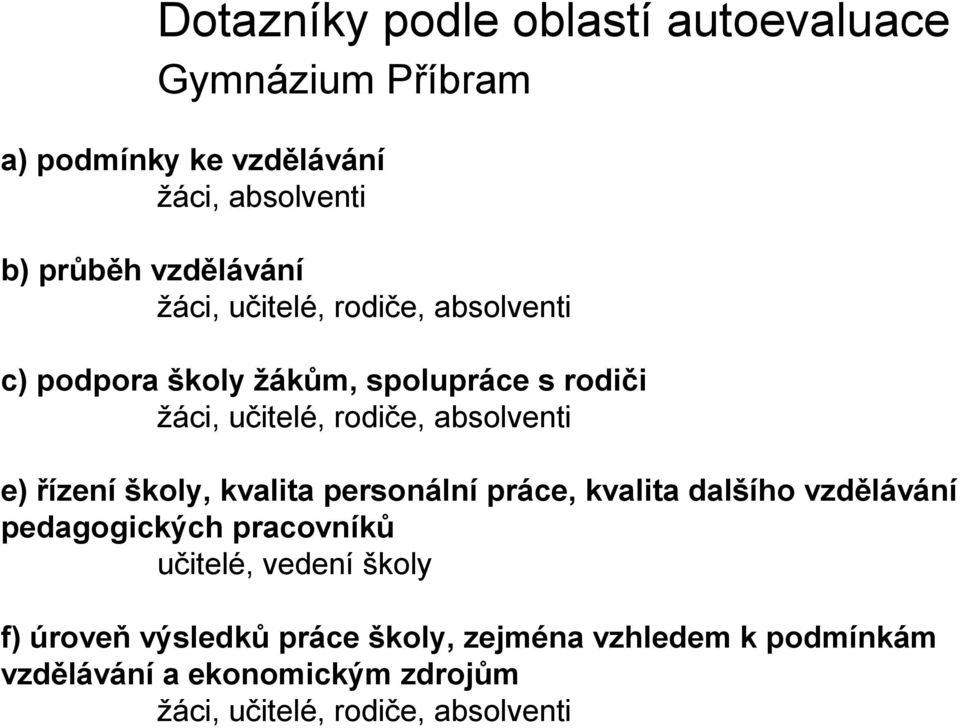 řízení školy, kvalita personální práce, kvalita dalšího vzdělávání pedagogických pracovníků učitelé, vedení školy f)