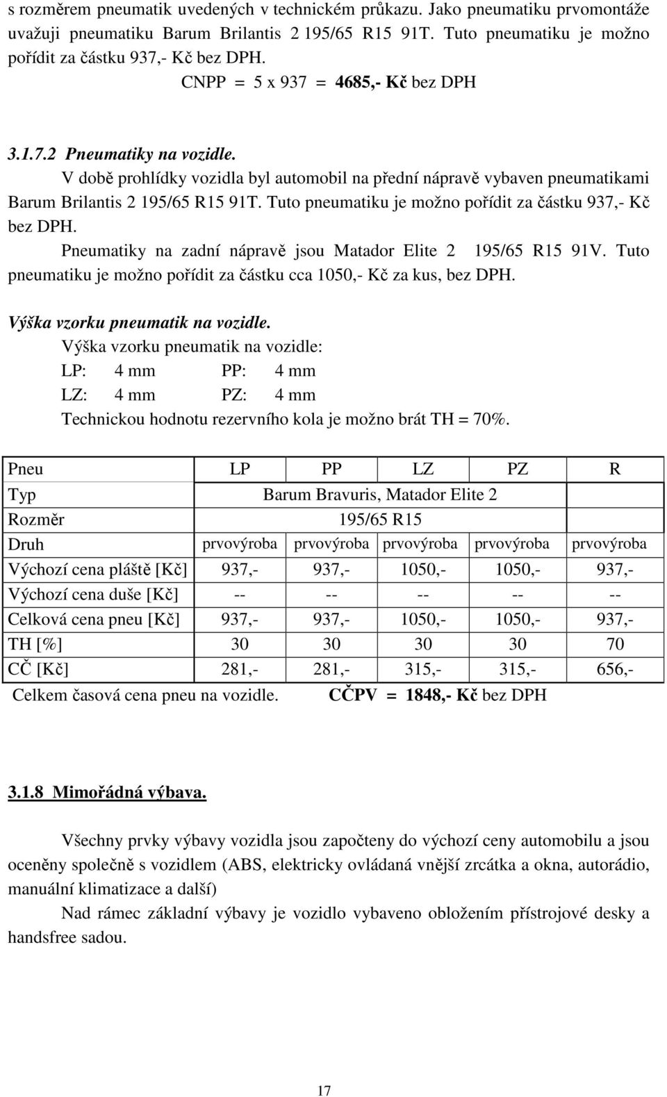 Tuto pneumatiku je možno pořídit za částku 937,- Kč bez DPH. Pneumatiky na zadní nápravě jsou Matador Elite 2 195/65 R15 91V. Tuto pneumatiku je možno pořídit za částku cca 1050,- Kč za kus, bez DPH.